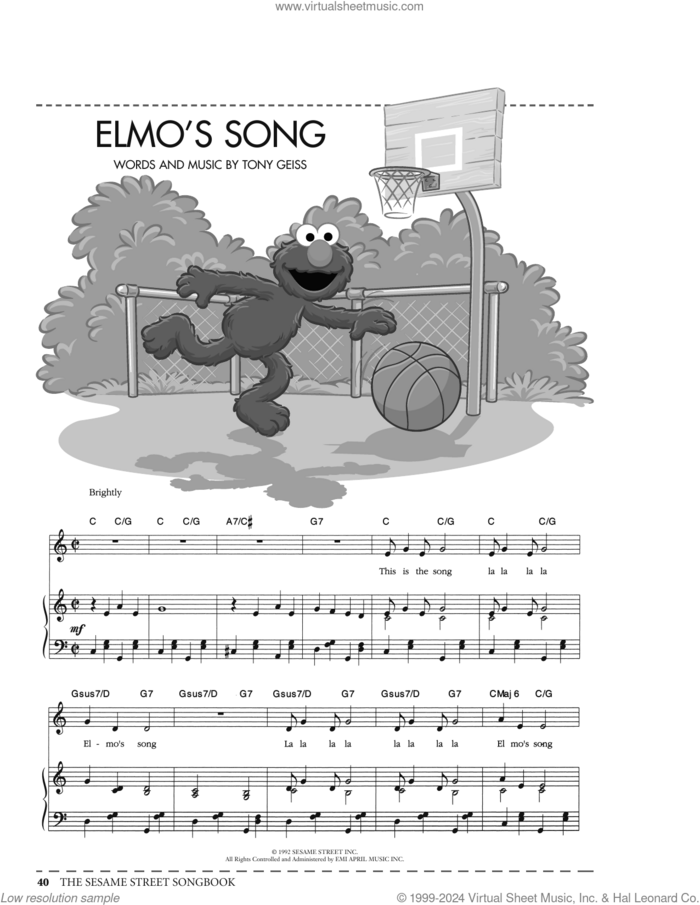 Elmo's Song (from Sesame Street) sheet music for voice, piano or guitar by Tony Geiss, intermediate skill level