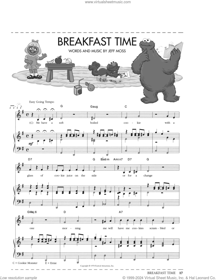 Breakfast Time (from Sesame Street) sheet music for voice, piano or guitar by Jeff Moss, intermediate skill level