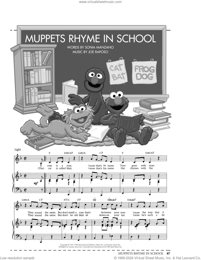 Muppets Rhyme In School (from Sesame Street) sheet music for voice, piano or guitar by Joe Raposo and Sonia Manzano, intermediate skill level