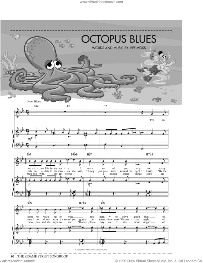 Octopus Blues (from Sesame Street) sheet music for voice, piano or guitar by Jeff Moss, intermediate skill level