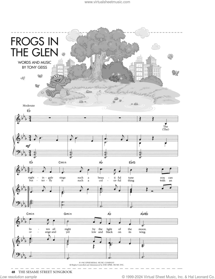 Frogs In The Glen (from Sesame Street) sheet music for voice, piano or guitar by Tony Geiss, intermediate skill level