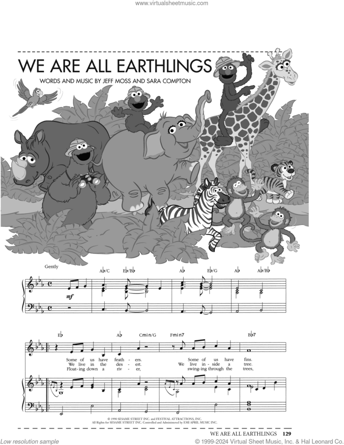 We Are All Earthlings (from Sesame Street) sheet music for voice, piano or guitar by Jeff Moss and Sara Compton, intermediate skill level