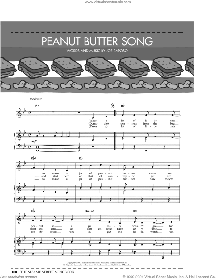 Peanut Butter Song (from Sesame Street) sheet music for voice, piano or guitar by Joe Raposo, intermediate skill level