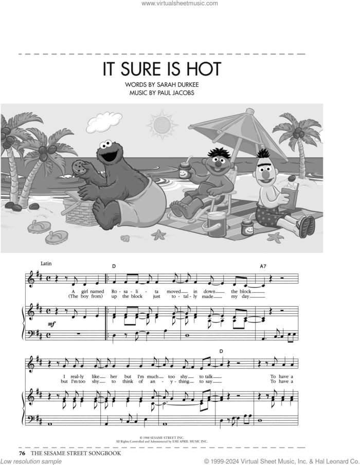 It Sure Is Hot (from Sesame Street) sheet music for voice, piano or guitar by Paul Jacobs and Sarah Durkee, intermediate skill level