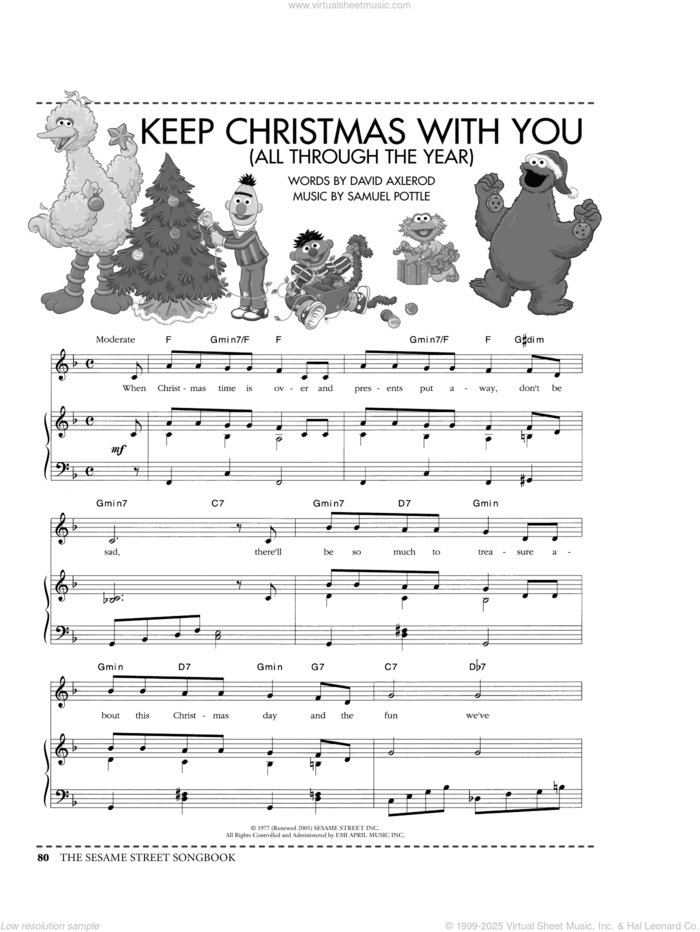 Keep Christmas With You (All Through The Year) (from Sesame Street) sheet music for voice, piano or guitar by David Axlerod and Samuel Pottle, intermediate skill level