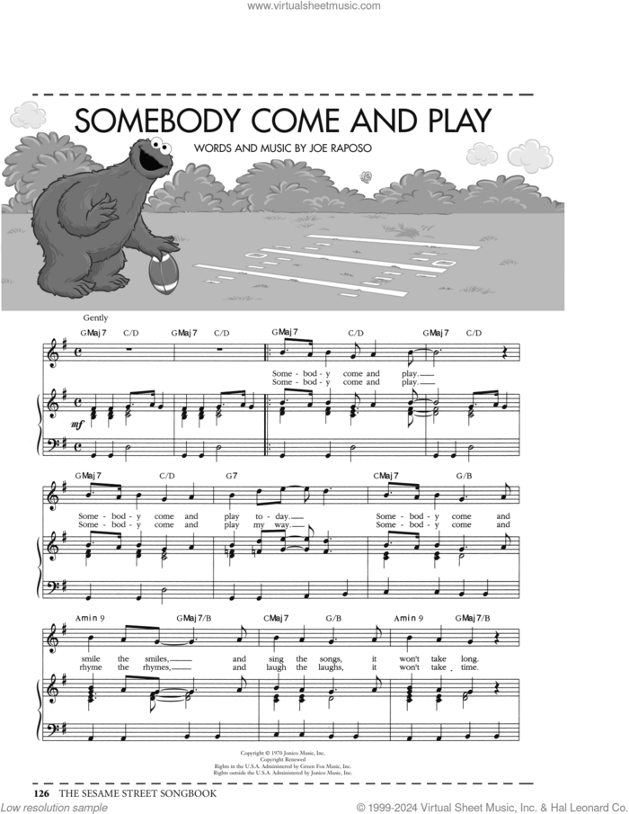 Somebody Come And Play (from Sesame Street) sheet music for voice, piano or guitar by Joe Raposo, intermediate skill level