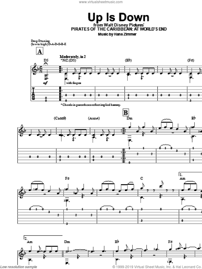 Up Is Down (from Pirates Of The Caribbean: At World's End) sheet music for guitar solo (easy tablature) by Hans Zimmer, easy guitar (easy tablature)