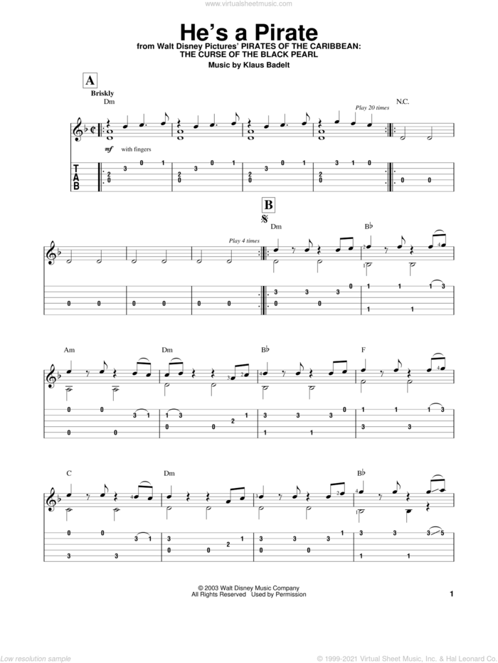 He's A Pirate (from Pirates Of The Caribbean: The Curse of the Black Pearl) sheet music for guitar solo (easy tablature) by Klaus Badelt and Pirates Of The Caribbean: The Curse Of The Black Pearl (Movie), easy guitar (easy tablature)