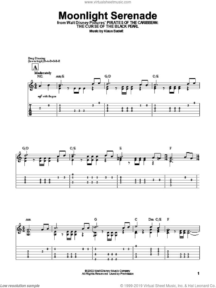 Moonlight Serenade sheet music for guitar solo (easy tablature) by Klaus Badelt and Pirates Of The Caribbean: The Curse Of The Black Pearl (Movie), easy guitar (easy tablature)