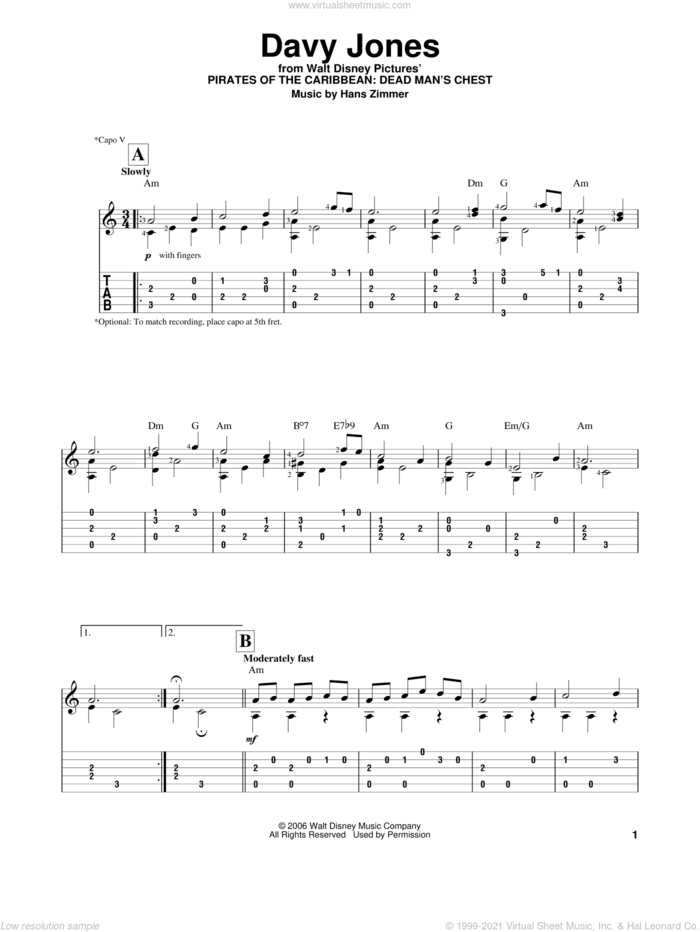 Davy Jones (from Pirates Of The Caribbean: Dead Man's Chest) sheet music for guitar solo (easy tablature) by Hans Zimmer, easy guitar (easy tablature)