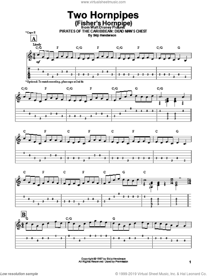 Two Hornpipes (Fisher's Hornpipe) sheet music for guitar solo (easy tablature) by Skip Henderson, easy guitar (easy tablature)