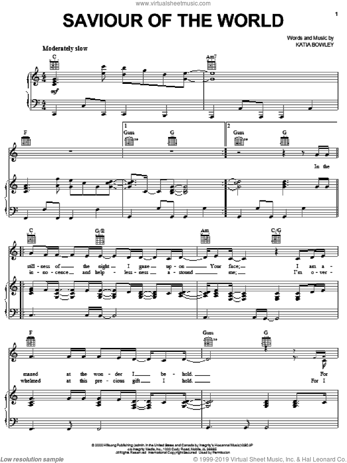 Saviour Of The World sheet music for voice, piano or guitar by Katia Bowley, intermediate skill level