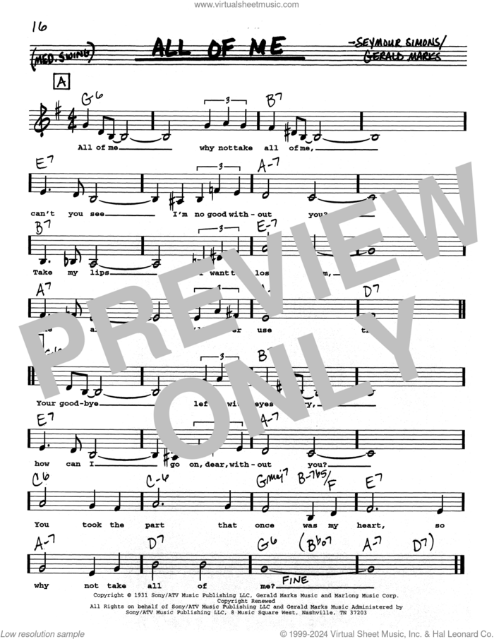 All Of Me (Low Voice) sheet music for voice and other instruments (real book with lyrics) by Seymour Simons and Gerald Marks, intermediate skill level
