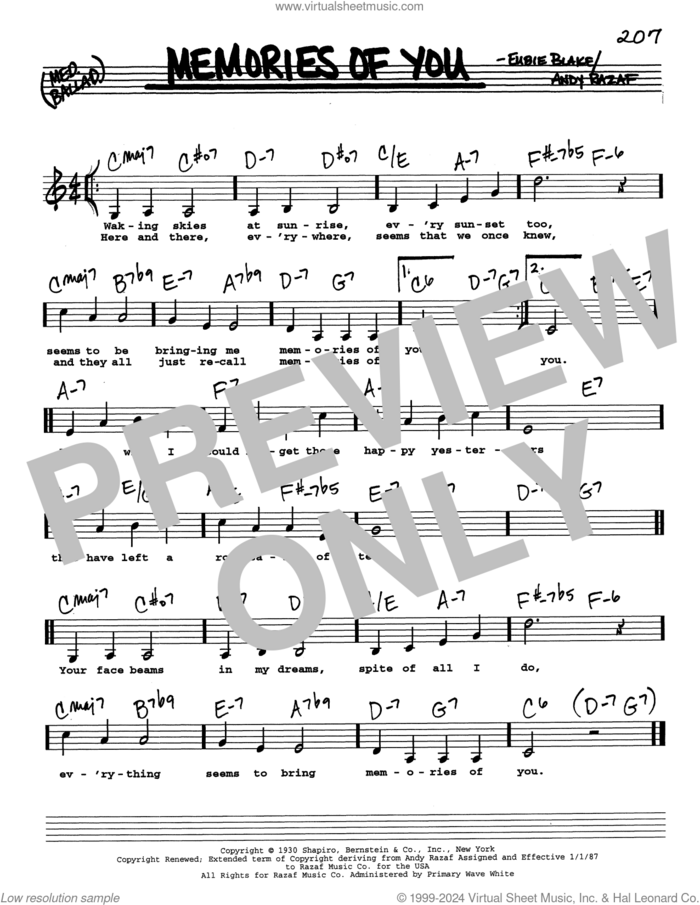 Memories Of You (Low Voice) sheet music for voice and other instruments (real book with lyrics) by Andy Razaf and Eubie Blake, intermediate skill level