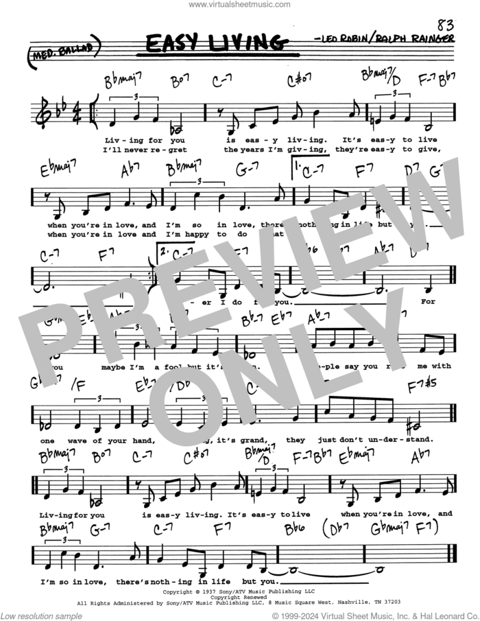 Easy Living (Low Voice) sheet music for voice and other instruments (real book with lyrics) by Leo Robin and Ralph Rainger, intermediate skill level