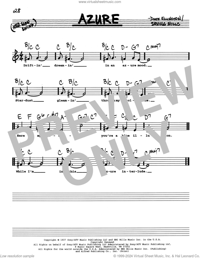 Azure (Low Voice) sheet music for voice and other instruments (real book with lyrics) by Duke Ellington and Irving Mills, intermediate skill level