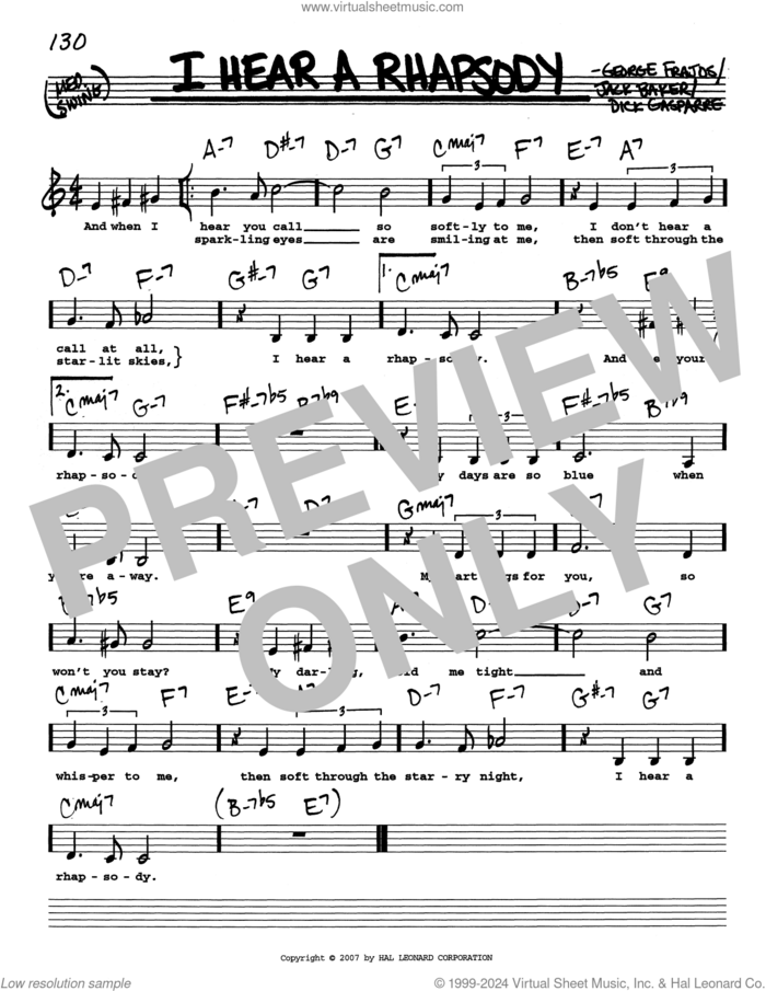 I Hear A Rhapsody (Low Voice) sheet music for voice and other instruments (real book with lyrics) by Jack Baker, Dick Gasparre and George Frajos, intermediate skill level