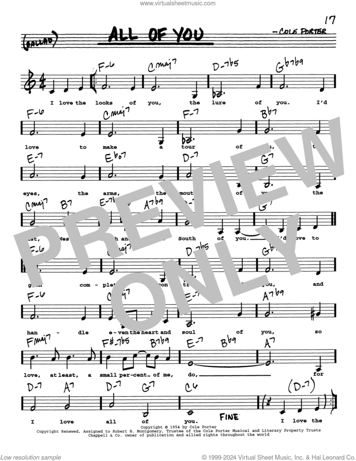 All Of You (Low Voice) sheet music for voice and other instruments (real book with lyrics) by Cole Porter, intermediate skill level