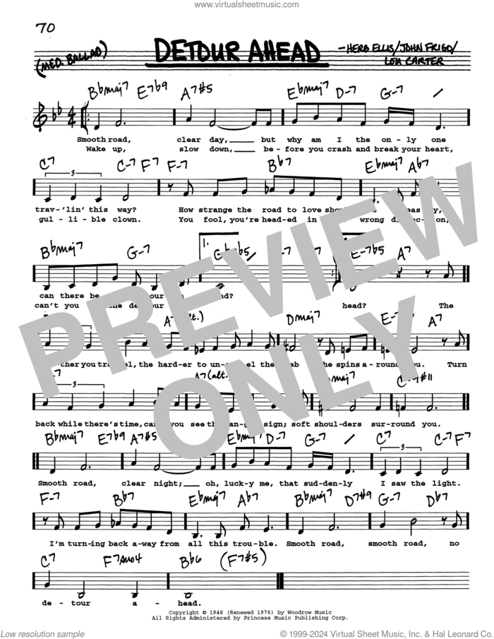 Detour Ahead (Low Voice) sheet music for voice and other instruments (real book with lyrics) by Herb Ellis, John Frigo and Lou Carter, intermediate skill level
