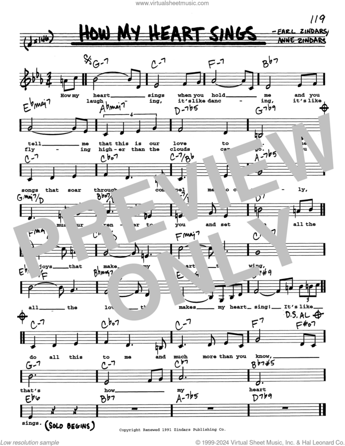 How My Heart Sings (Low Voice) sheet music for voice and other instruments (real book with lyrics) by Earl Zindars and Anne Zindars, intermediate skill level