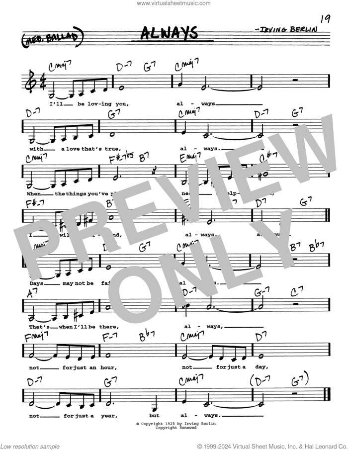 Always (Low Voice) sheet music for voice and other instruments (real book with lyrics) by Irving Berlin, intermediate skill level
