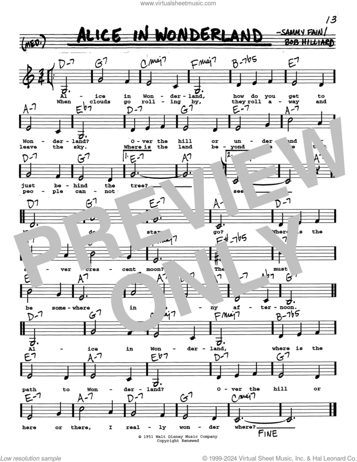Alice In Wonderland (Low Voice) sheet music for voice and other instruments (real book with lyrics) by Sammy Fain and Bob Hilliard, intermediate skill level