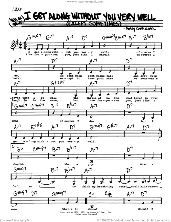 I Get Along Without You Very Well (Except Sometimes) (Low Voice) sheet music for voice and other instruments (real book with lyrics) by Hoagy Carmichael, intermediate skill level