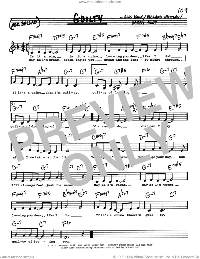 Guilty (Low Voice) sheet music for voice and other instruments (real book with lyrics) by Gus Kahn, Harry Akst and Richard A. Whiting, intermediate skill level