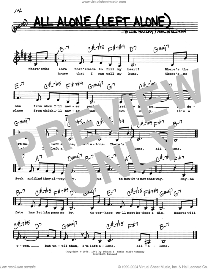All Alone (Left Alone) (Low Voice) sheet music for voice and other instruments (real book with lyrics) by Billie Holiday and Mal Waldron, intermediate skill level