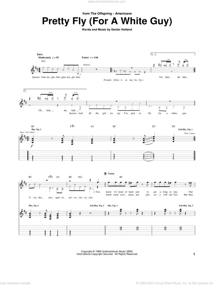Pretty Fly (For A White Guy) sheet music for guitar (tablature) by The Offspring and Dexter Holland, intermediate skill level