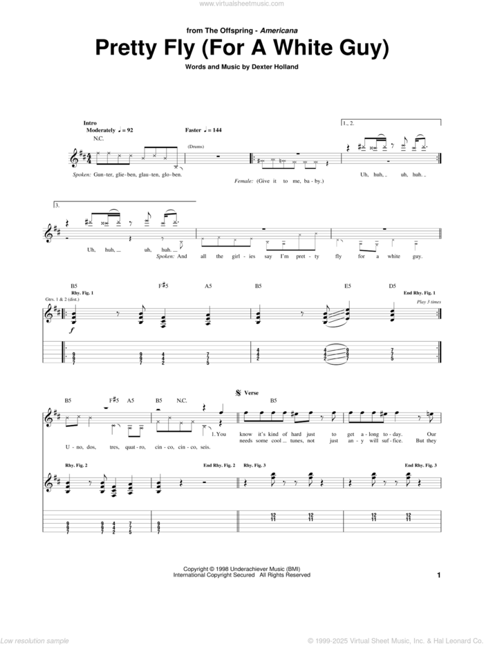 Pretty Fly (For A White Guy) sheet music for guitar (tablature) by The Offspring and Dexter Holland, intermediate skill level