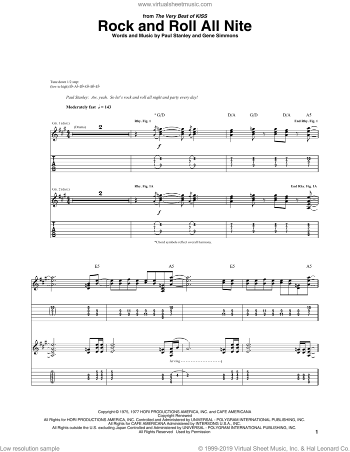 Rock And Roll All Nite sheet music for guitar (tablature) by KISS, Gene Simmons and Paul Stanley, intermediate skill level
