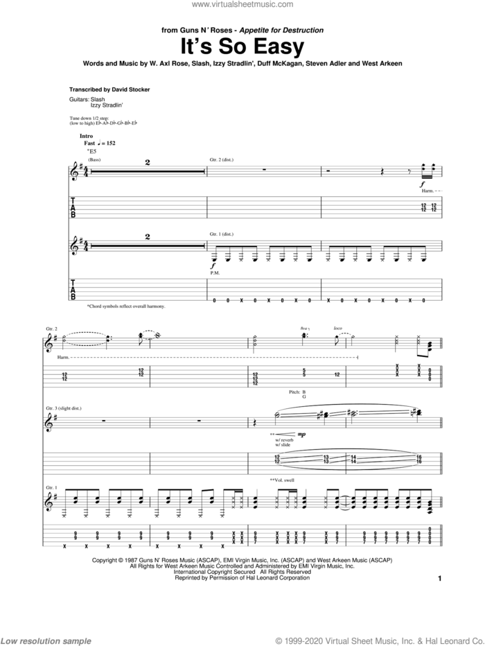 It's So Easy sheet music for guitar (tablature) by Guns N' Roses, Axl Rose, Duff McKagan, Izzy Stradlin, Slash, Steven Adler and West Arkeen, intermediate skill level