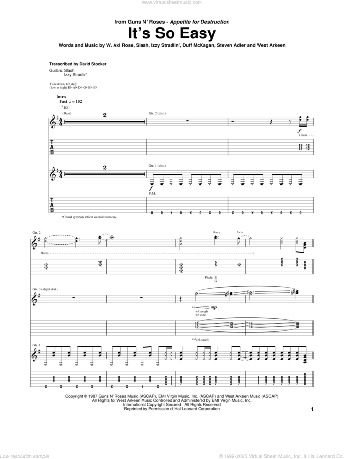 It's So Easy sheet music for guitar (tablature) by Guns N' Roses, Axl Rose, Duff McKagan, Izzy Stradlin, Slash, Steven Adler and West Arkeen, intermediate skill level