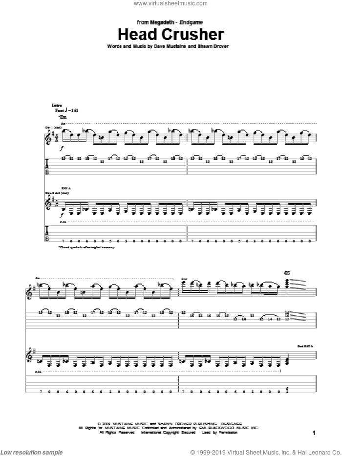 Head Crusher sheet music for guitar (tablature) by Megadeth, Dave Mustaine and Shawn Drover, intermediate skill level