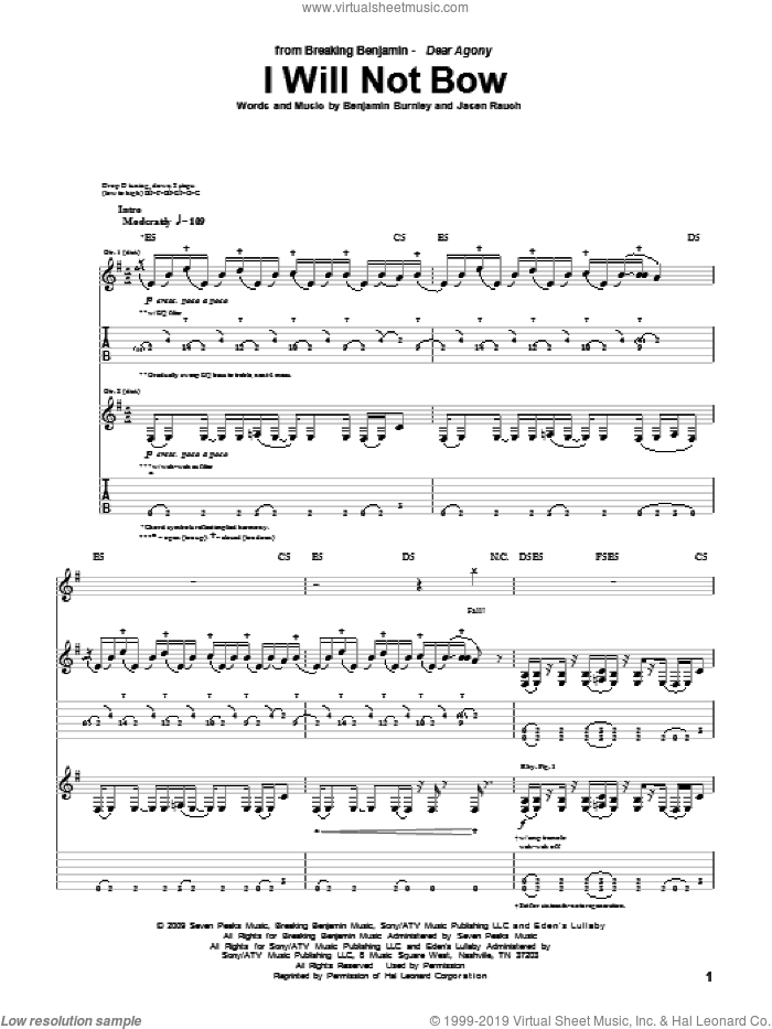 I Will Not Bow sheet music for guitar (tablature) by Breaking Benjamin, Benjamin Burnley and Jasen Rauch, intermediate skill level