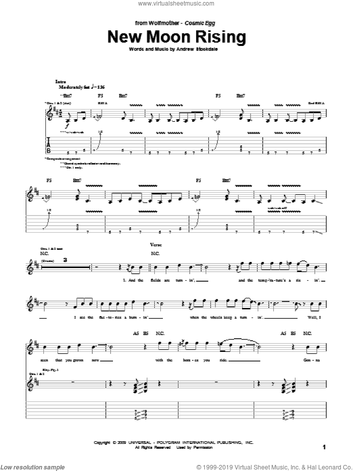 New Moon Rising sheet music for guitar (tablature) by Wolfmother and Andrew Stockdale, intermediate skill level