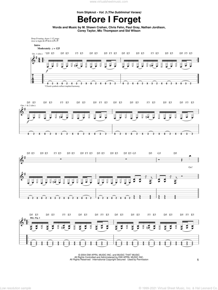 Before I Forget sheet music for guitar (tablature) by Slipknot, Chris Fehn, Corey Taylor, M. Shawn Crahan, Mic Thompson, Nathan Jordison, Paul Gray and Sid Wilson, intermediate skill level