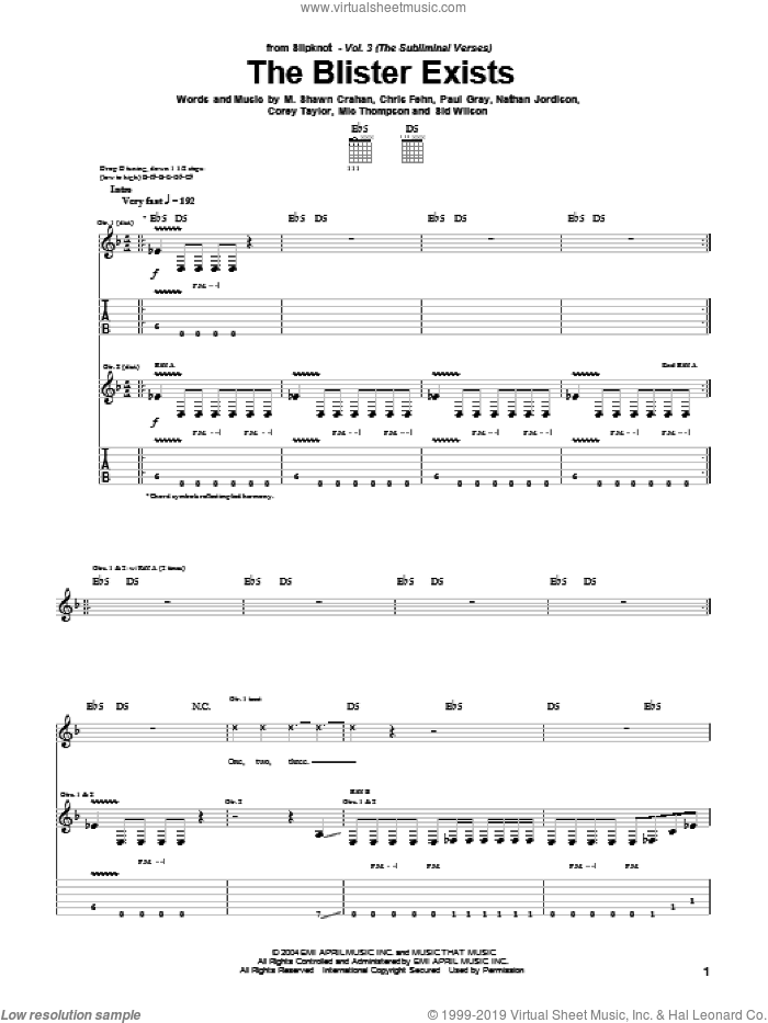 The Blister Exists sheet music for guitar (tablature) by Slipknot, Chris Fehn, Corey Taylor, M. Shawn Crahan, Mic Thompson, Nathan Jordison, Paul Gray and Sid Wilson, intermediate skill level