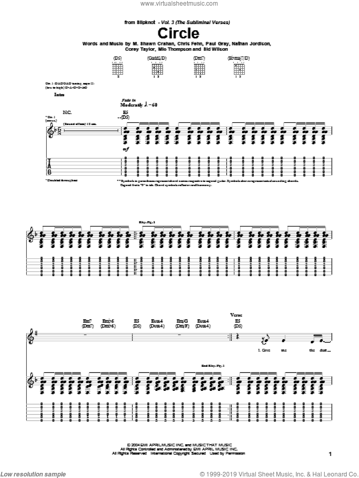 Circle sheet music for guitar (tablature) by Slipknot, Chris Fehn, Corey Taylor, M. Shawn Crahan, Mic Thompson, Nathan Jordison, Paul Gray and Sid Wilson, intermediate skill level