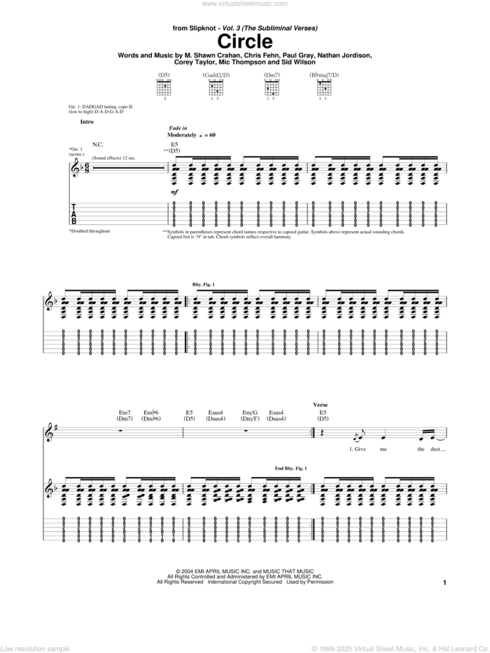 Circle sheet music for guitar (tablature) by Slipknot, Chris Fehn, Corey Taylor, M. Shawn Crahan, Mic Thompson, Nathan Jordison, Paul Gray and Sid Wilson, intermediate skill level