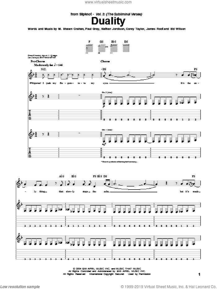 Duality sheet music for guitar (tablature) by Slipknot, Corey Taylor, James Root, M. Shawn Crahan, Nathan Jordison, Paul Gray and Sid Wilson, intermediate skill level