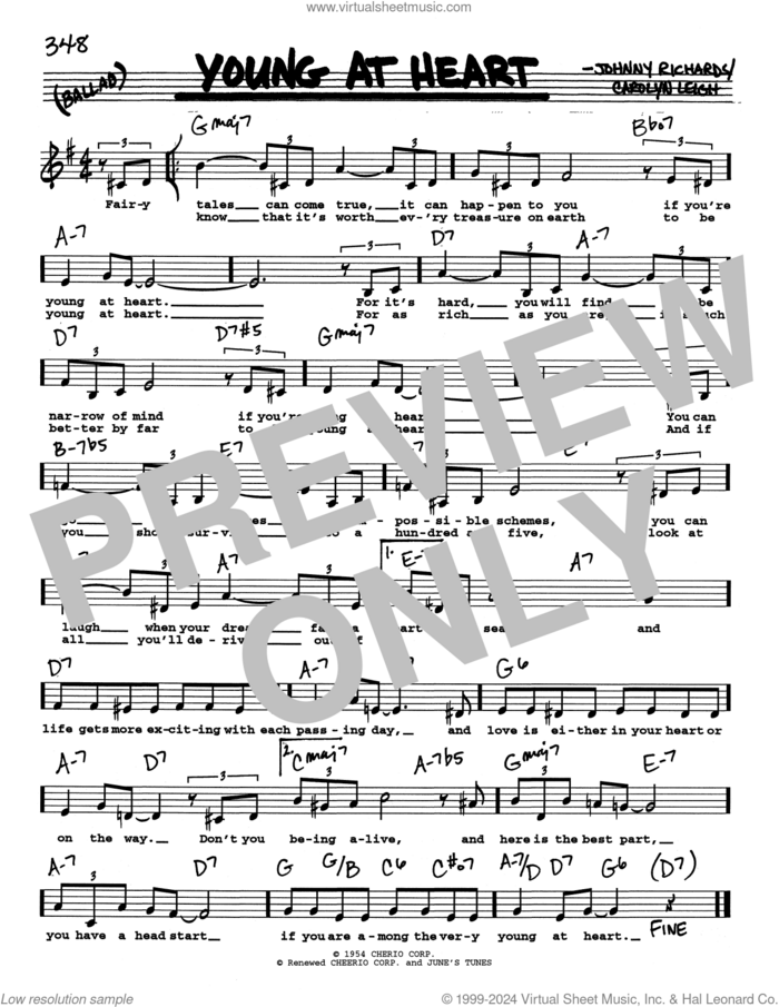 Young At Heart (Low Voice) sheet music for voice and other instruments (real book with lyrics) by Carolyn Leigh and Johnny Richards, intermediate skill level