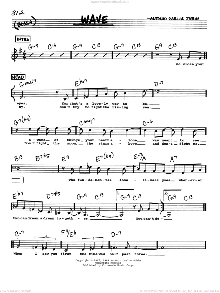 Wave (Low Voice) sheet music for voice and other instruments (real book with lyrics) by Antonio Carlos Jobim, intermediate skill level