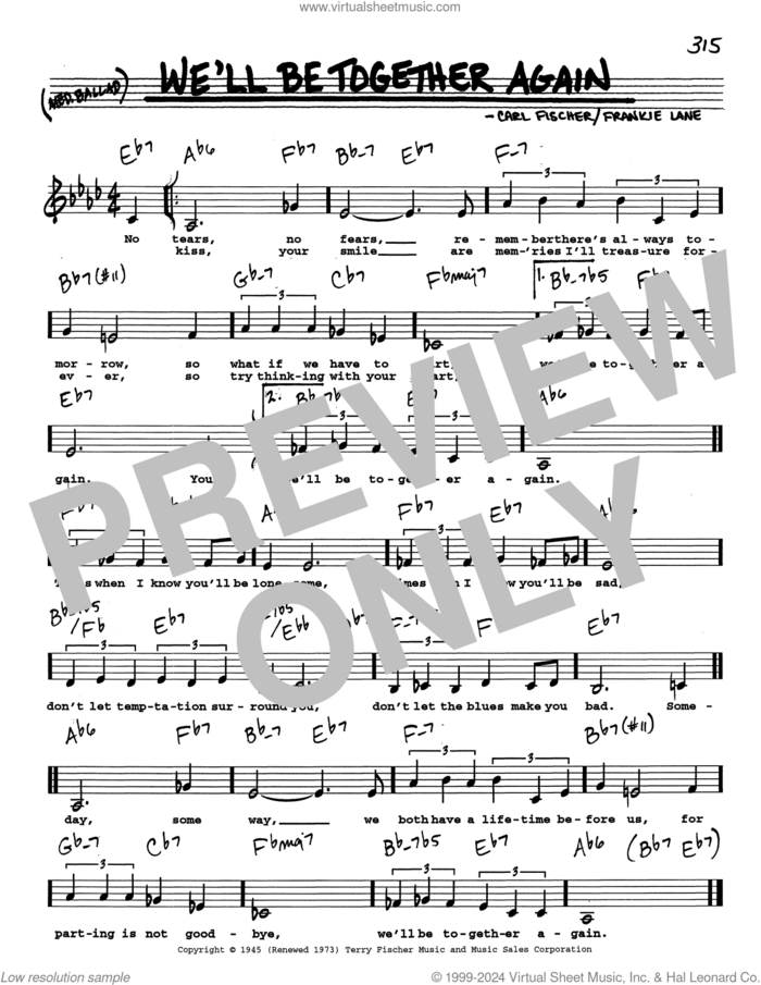 We'll Be Together Again (Low Voice) sheet music for voice and other instruments (real book with lyrics) by Frankie Laine and Carl Fischer, intermediate skill level