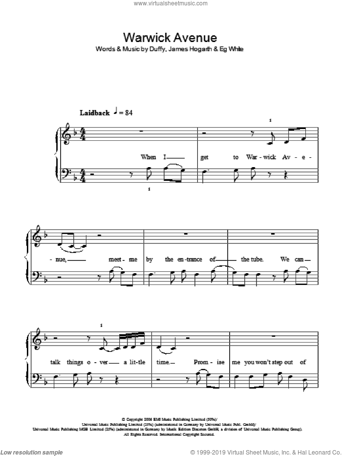 Warwick Avenue sheet music for piano solo by Duffy, Aimee Duffy, Francis White and James Hogarth, easy skill level