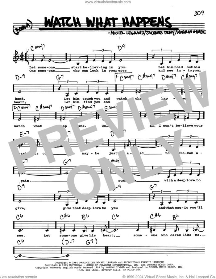 Watch What Happens (Low Voice) sheet music for voice and other instruments (real book with lyrics) by Norman Gimbel and Michel LeGrand, intermediate skill level