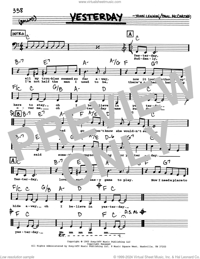 Yesterday (Low Voice) sheet music for voice and other instruments (real book with lyrics) by The Beatles, John Lennon and Paul McCartney, intermediate skill level