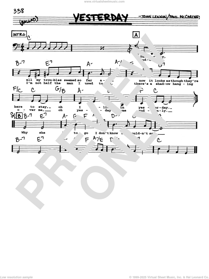 Yesterday (Low Voice) sheet music for voice and other instruments (real book with lyrics) by The Beatles, John Lennon and Paul McCartney, intermediate skill level