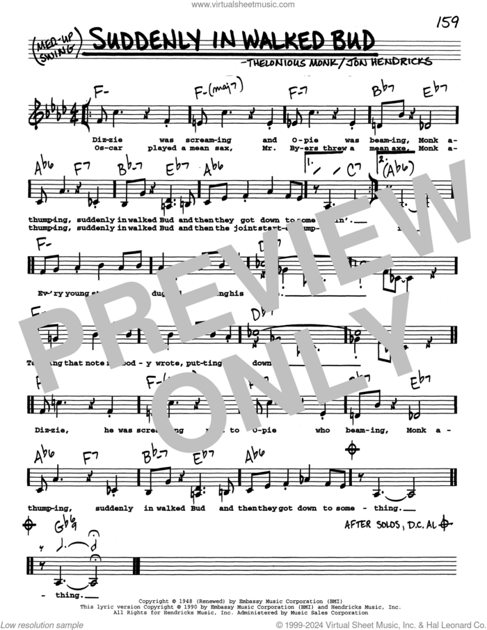 In Walked Bud (Low Voice) sheet music for voice and other instruments (real book with lyrics) by Thelonious Monk, intermediate skill level